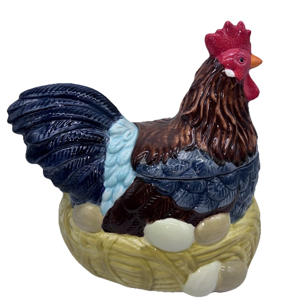 Rooster Chicken on Nest Ceramic Cookie Jar Large Farmhouse Boston Warehouse